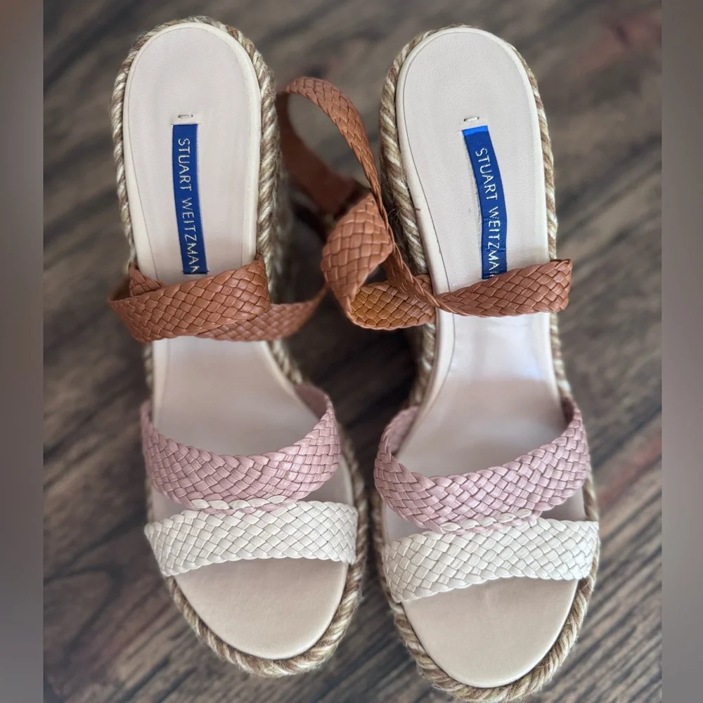 Stuart Weitzman Elsie Wedge Sandal SZ 8 Beige Combo Woven